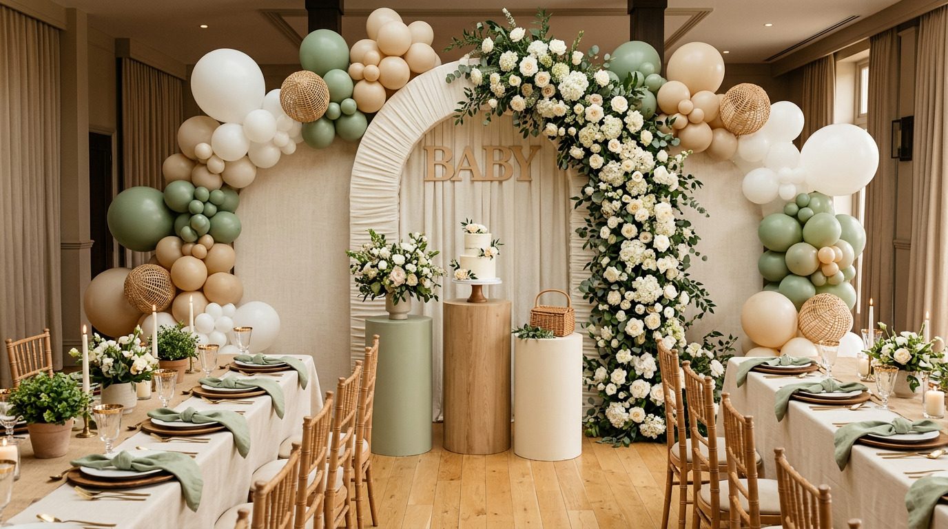Montaje de baby shower en tonos neutros