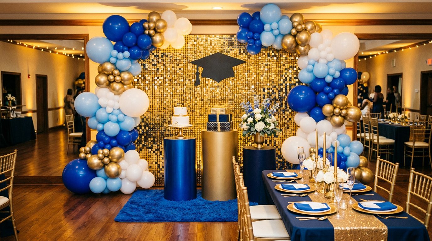 Montaje de fiesta de graduación con muro dorado