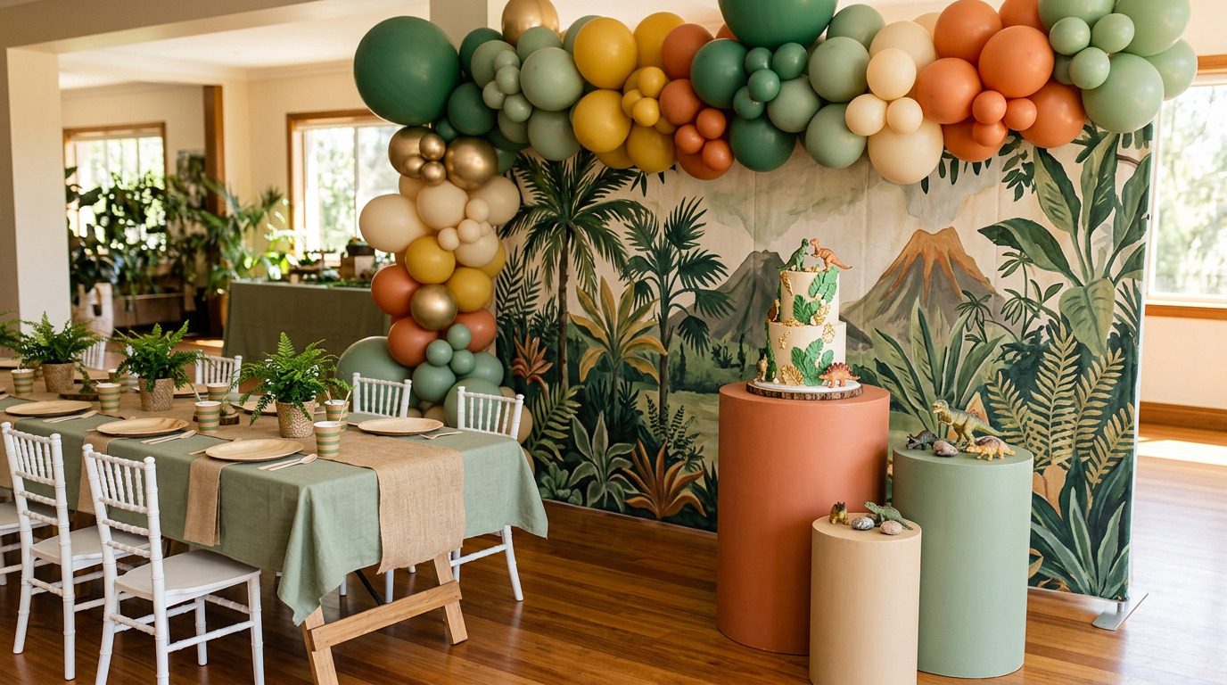Montaje de cumpleaños infantil con tema de jungla y dinosaurios