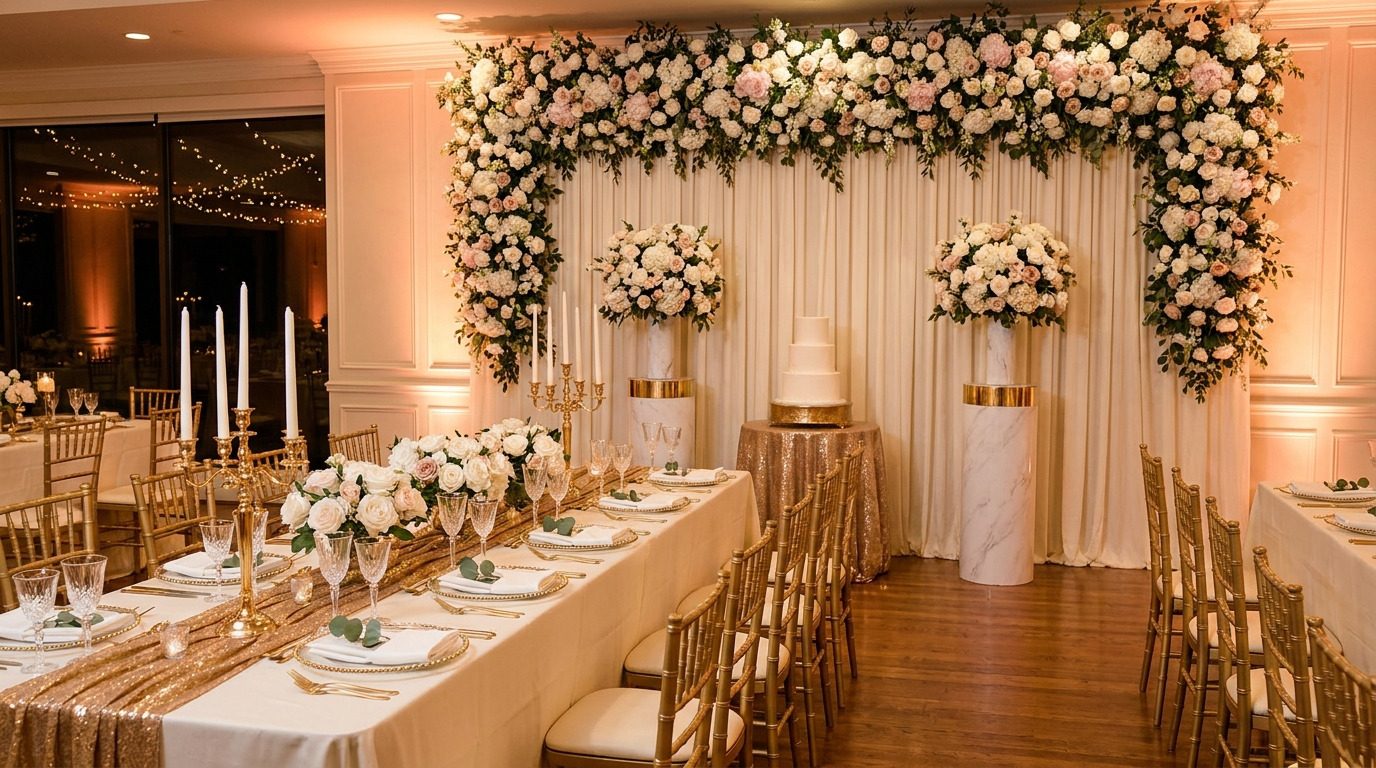 Montaje de recepción de boda con arco floral